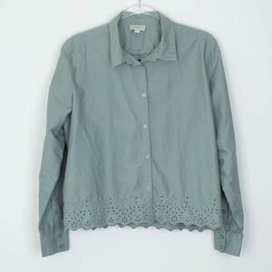 LOFT Womens Green Button‎ Down Shirt Eyelet Embroidered Hem Size L Cottagecore